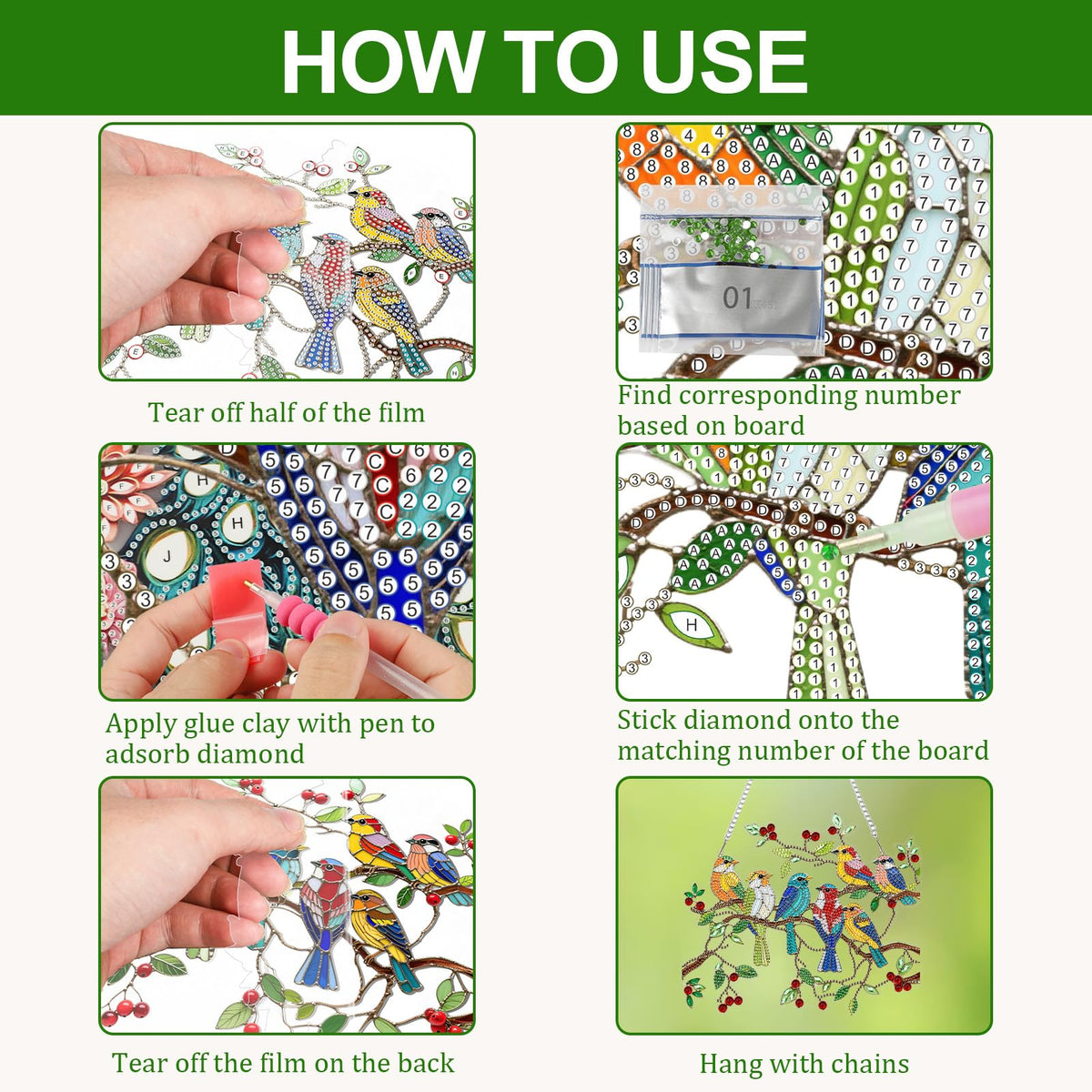 CEOVR Spring Birds Hanging Diamond Art for Adults, Birds on Branch Diamond Painting Pendant DIY Gem Art Wall Hanging Ornament, Acrylic Home Garden Decor with Chain, Box Kit 9.63 * 8.17inch