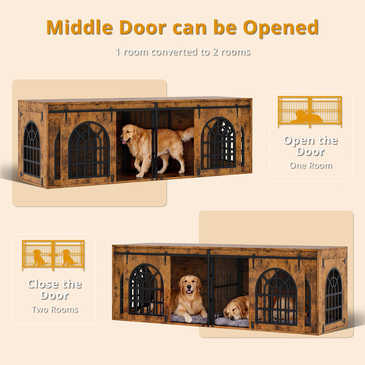 IRONCK 90.2" Double Room Dog Crate Furniture with Sliding Doors– Heavy Duty Wooden Dog Kennel with Hinged Divider, TV Stand & End Table for Large to Medium Dogs, Brown (Brown)