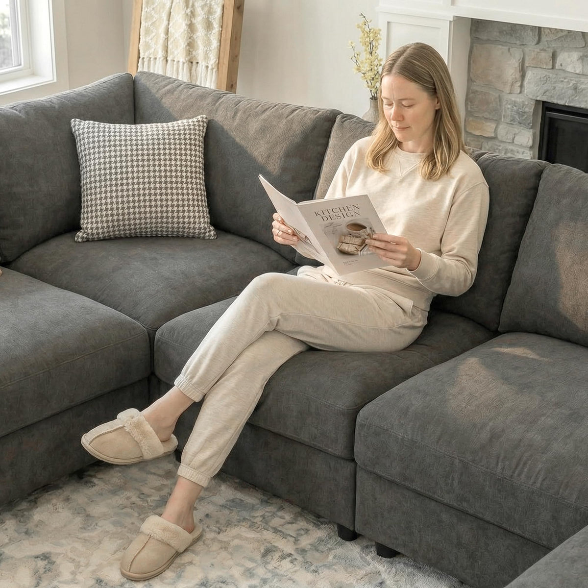 Sectional Couches for Living Room FSC Certified Velvet Modular Couch Oversized Cloud U Shaped Convertible Sleeper Sofa Chaise Detachable Armrest Cushion (Velvet Grey, U Shape 7 Seat)