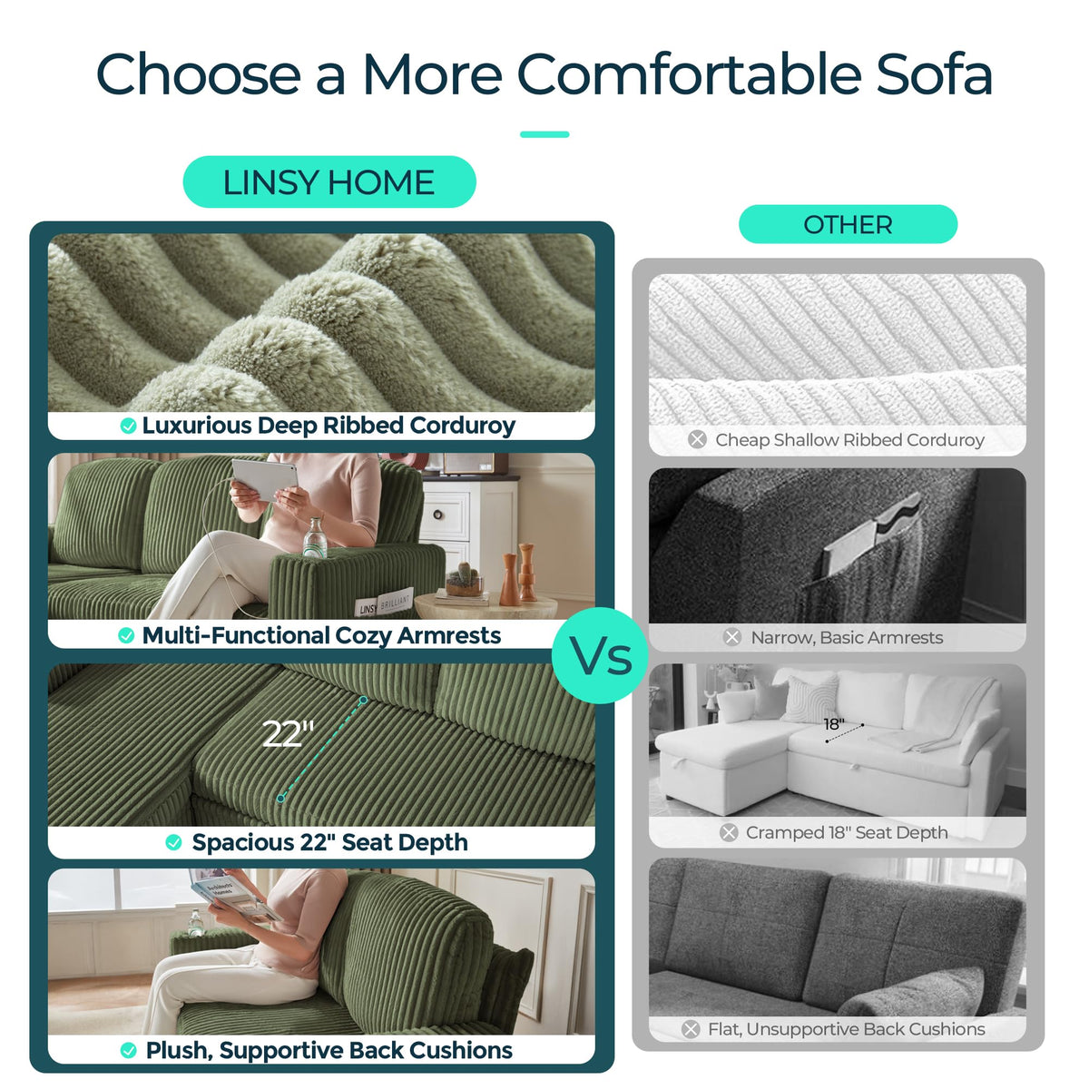 LINSY HOME Sectional Sleeper Sofa with Storage Chaise & USB Charging, Convertible Pull Out Couch Bed Plush Corduroy Modular Sectional Couches for Living Room Apartment (Green)