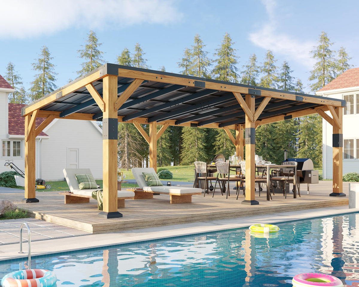 Jocisland 12' x 24' Cedar Wood Gazebo with Sloped Galvanized Steel Roof, Hardtop Gazebo Pavilion with Durable, Rot-Resistant Construction, Permanent Outdoor Pergola for Backyard, Garden & Deck