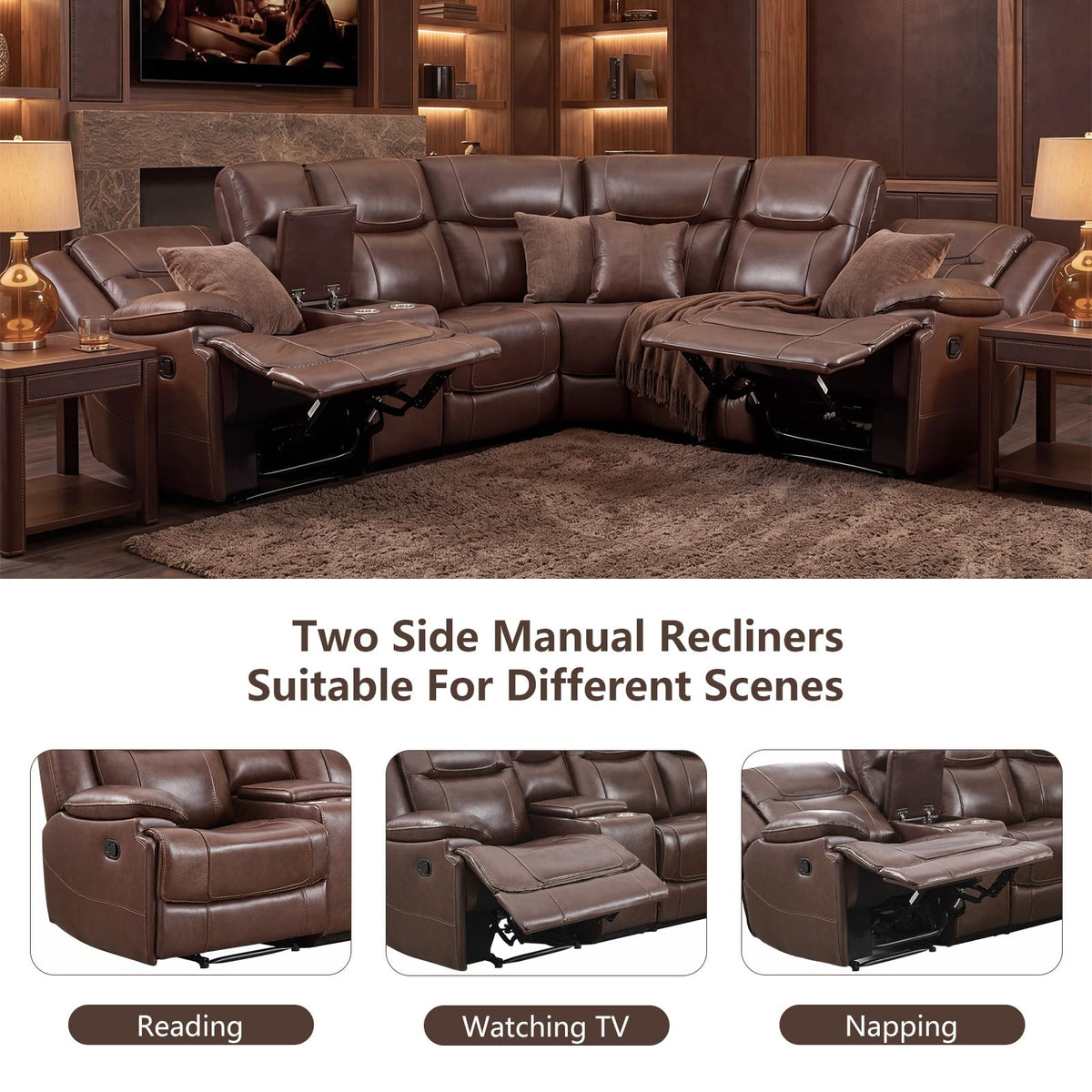 EBELLO Genuine Leather Recliner Sectional Sofa Set, Manual Reclining Corner Couches with Storage Console and Hidden Cup Holders, Extra Wide Footrest for House/Living Room, Brown