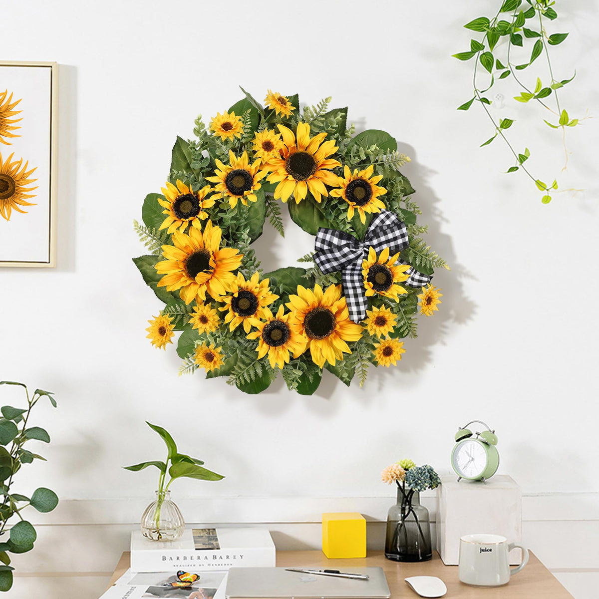 24 Inch Large Sunflower Spring Summer Wreath for Front Door, All Season Wreath with Bow Wreaths for Unique Housewarming Gift, Porch Wall Farmhouse Home Wedding Holiday Decor