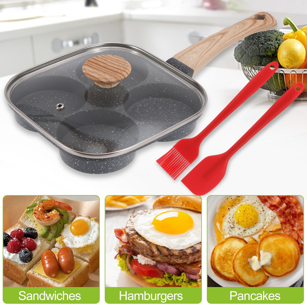4-Cup Egg Pan, Premium Egg Pans Nonstick, Omelette Pan with Lid , Healthy Egg Frying Pan for Breakfast, Egg Sandwich, Hamburger, Pancake, Egg Skillet Suitable for Gas Stove & Induction Cookware