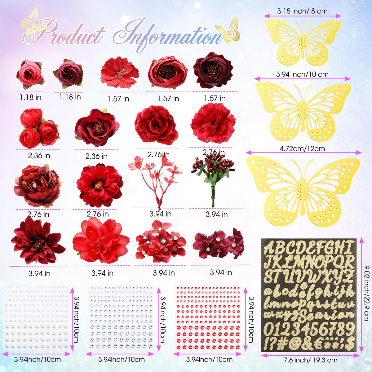 Hoteam DIY Graduation Cap Decorations Kit Included Faux Flowers 3D Butterfly Self Adhesive Rhinestones Glitter Alphabet Letter Stickers for 2026 Grad Cap Topper Party Gifts Decor(Red)