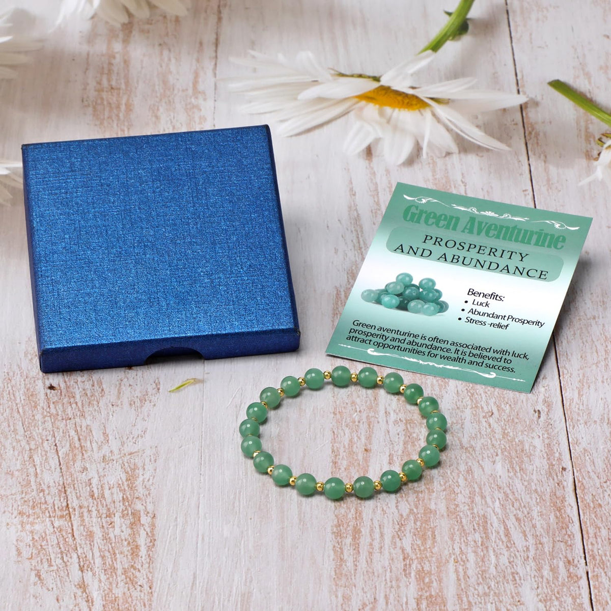 QOGIR Green Aventurine - Prosperity - 14K Gold Plated Beads Natural Gemstone Stretch Elastic Dainty Healing Beaded Bracelets Gifts 6mm