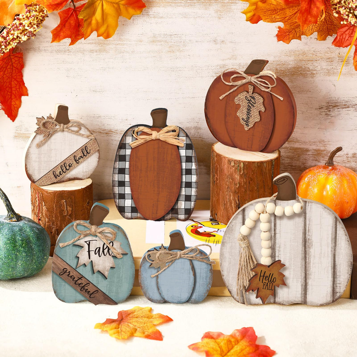 Wonderjune 6 Pcs Fall Decorations Modern Rustic Pumpkin Wooden Sign Autumn Farmhouse Pumpkin Block Table Centerpiece Grateful Blessing Tiered Tray Decor for Fall Thanksgiving Home Office Desk Decor