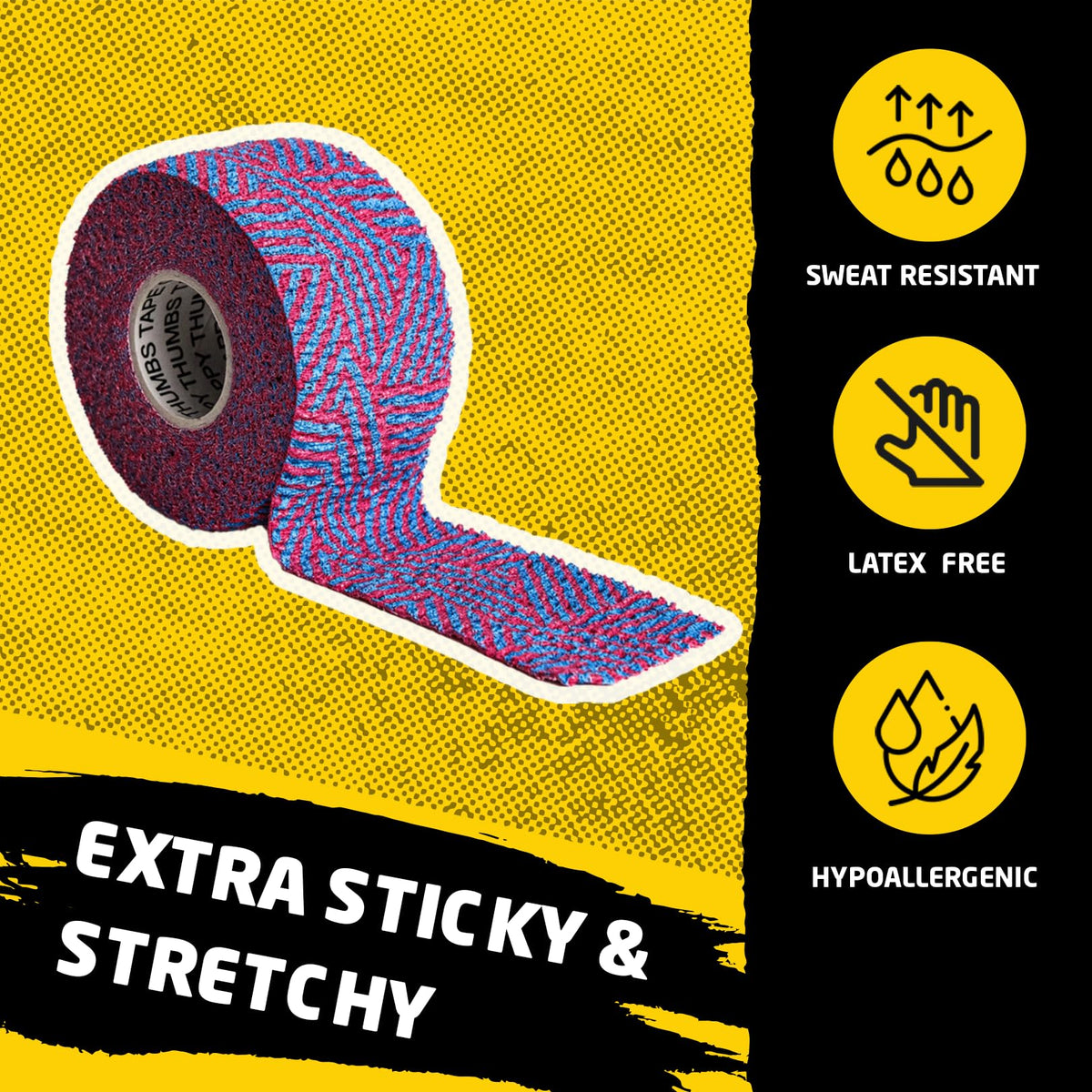 Happy Thumbs Tape Company - Gym & Hook Grip Tape - Thumb & Finger Protection - for Cross Training, Weightlifting, Gymnastics & More - Stretchy Adhesive Athletic Weightlifting Tape - 24 ft Long 3 Pack