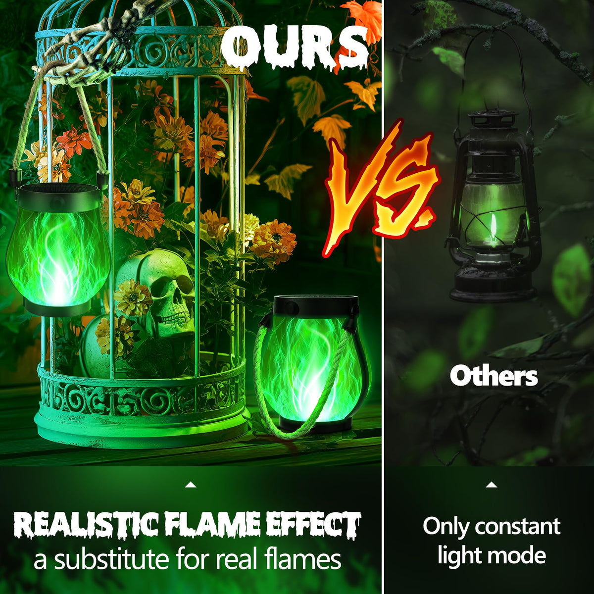 Jyoiat Solar Flame Lantern Hanging Outdoor Waterproof - 2 Pack Flame Lanterns with Dual Charging Modes of Solar & USB for Garden or Yard Decorations (Green - 2 Pack)