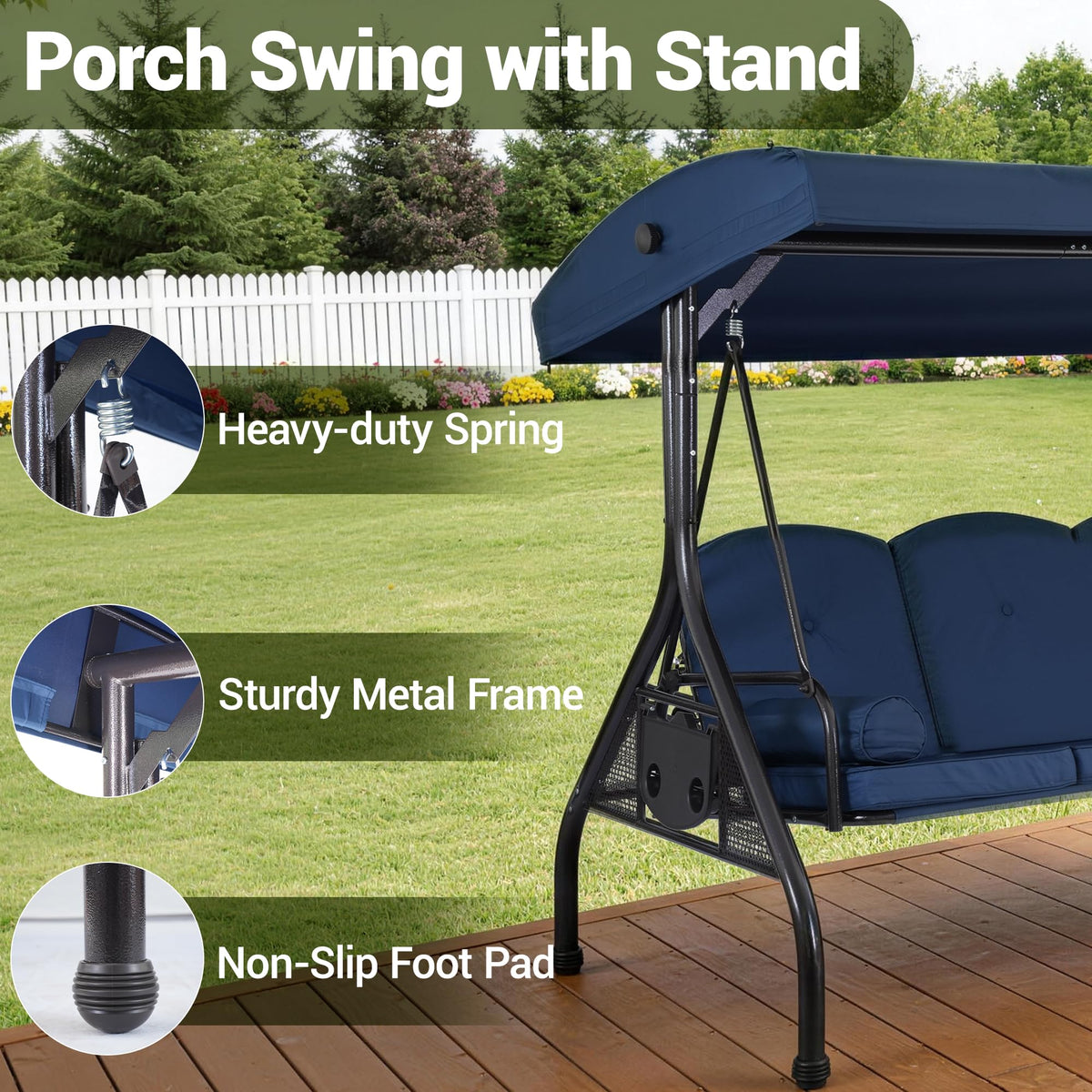 WINVO 2 in 1 Convertible Patio Swing Bed, 3-Seat Outdoor Porch Swing with Adjustable Canopy, Patio Glider Swing for Adult, with Cup Holder and Pillow for Backyard, Blue