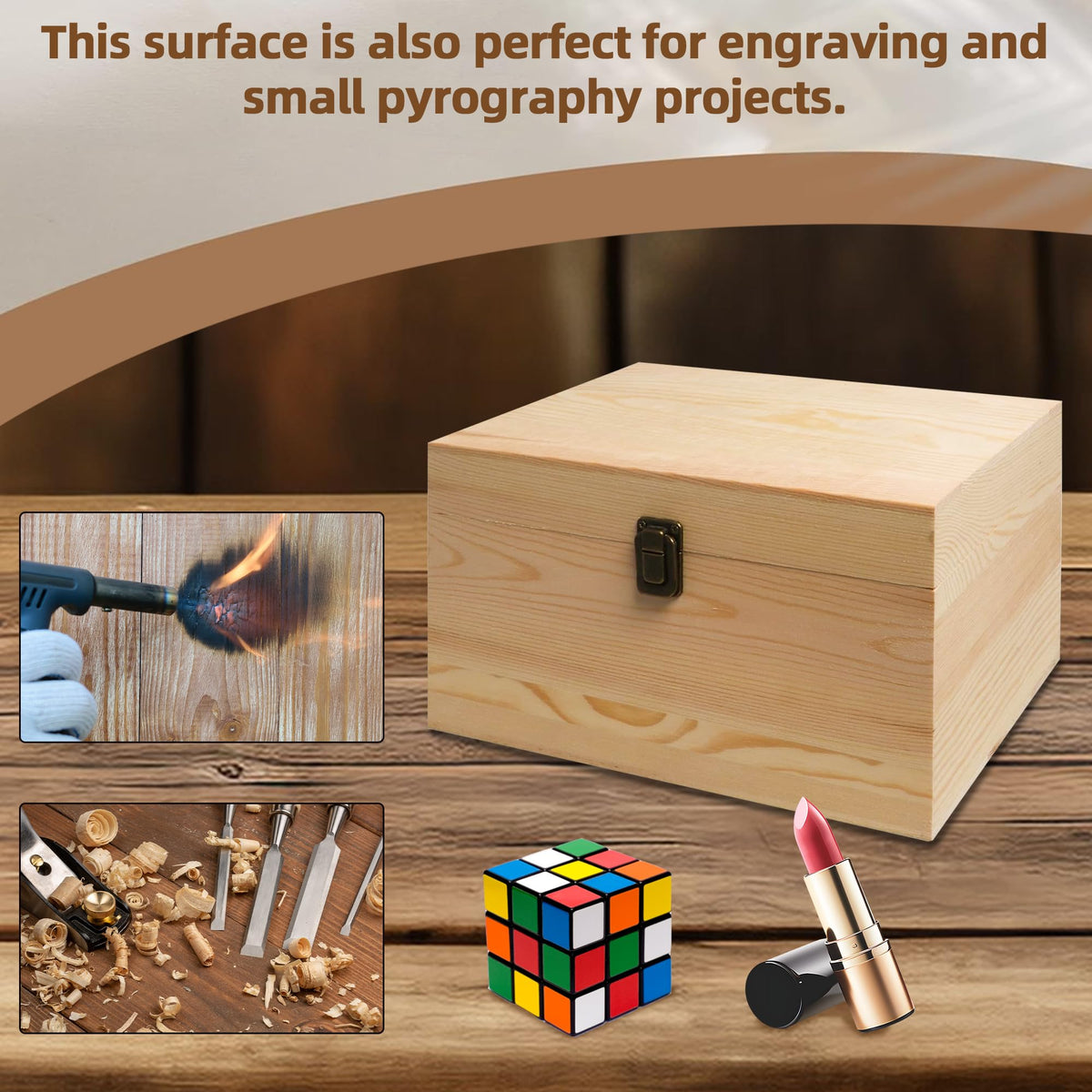 VIKOS Products 10.71x8x5.66-Inch Unfinished Wooden Box with Hinged Lid & Front Clasp for DIY Art Project Crafts Woodcraft Keepsake - Easy to Stain Paint Wood Burning