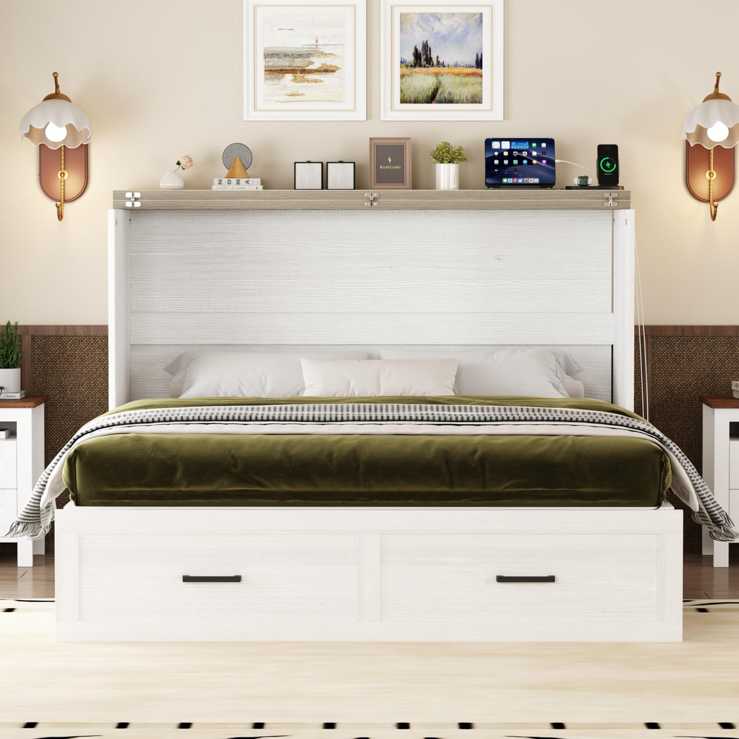 Ball & Cast Murphy Bed Queen,Farmhouse Hideaway Cabinet Bed with Charging Station and Large Storage Drawer,Foldable Wall Murphy Beds w/Slat Support,Space-Saving Furniture for Study,Office,White