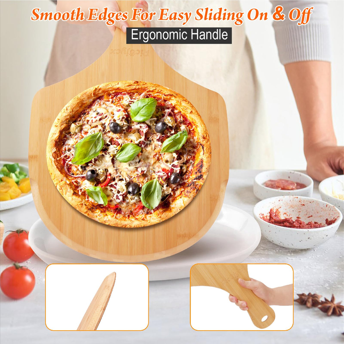 RICOJYCX 2 Pack 16 Inch Bamboo Pizza Peel, Wooden Pizza Paddle Spatula with Extended Handle, Cutting & Serving Board for Pizza, Bread, Cheese, Fruits and Vegetables