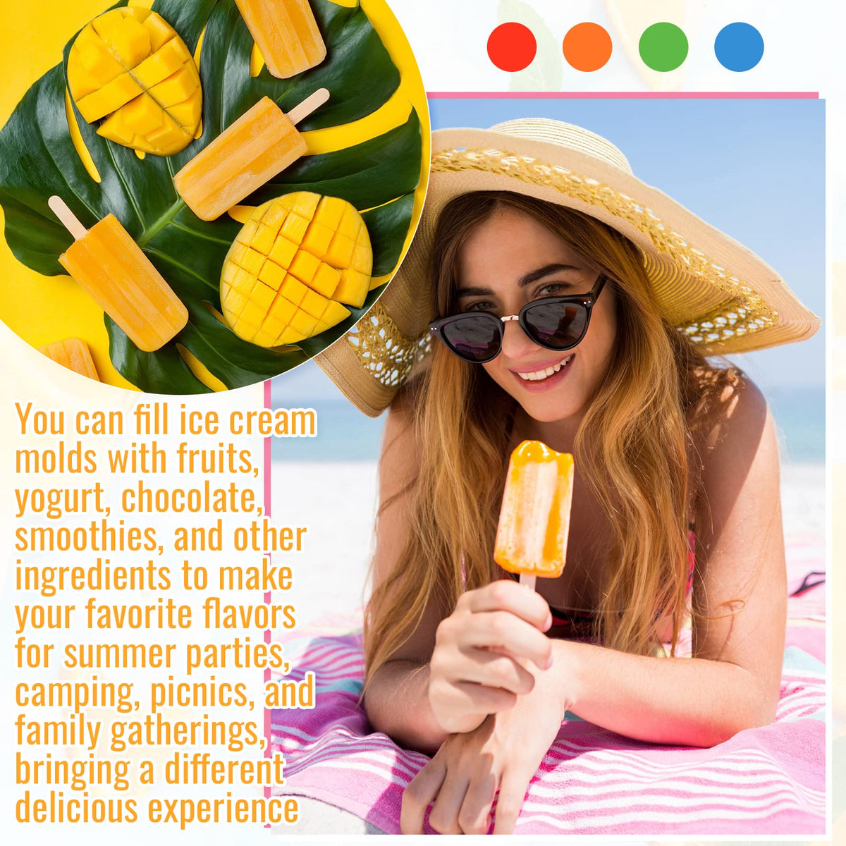 Hoolerry 4 Set Silicone Ice Lolly Molds, Reusable Ice Cream Molds with 200 Wooden Sticks, Easy Release Pop Maker, Frozen Treat Mold for Homemade, Red, Blue, Green, Orange(10 Cavities)