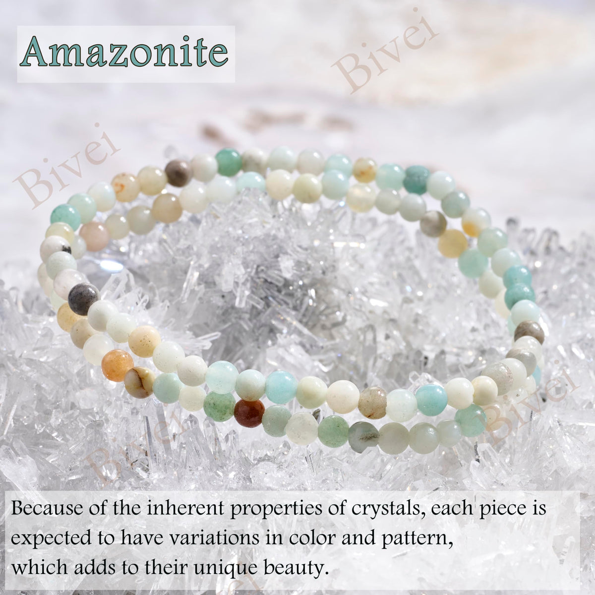 Bivei Amazonite - Soothing - 4mm Beaded Bracelets for Women Handmade Semi Precious Natural Stone Stretch Elastic Jewelry Yoga Protection Gifts Small