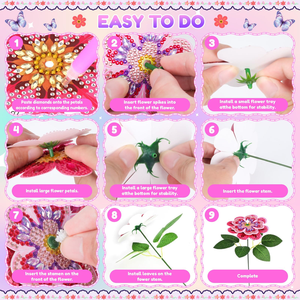 Flower Arts and Crafts for Kids ages 8-12: Double-layer Butterfly Diamond Art Kits for Kids Girls Toys age 6-8, Gem Art Small Diamond Painting Gifts for 6 7 8 9 10 11 12 Year Old Girl Birthday Gift
