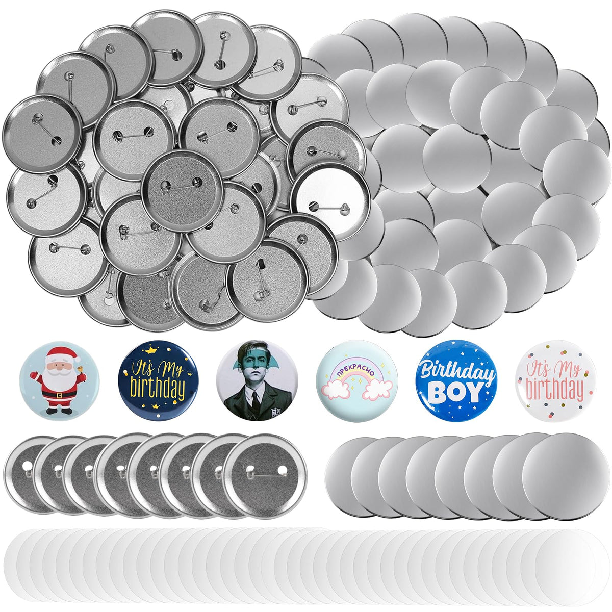 Vanttokeey 200Pcs Button Maker Supplies, 25mm 32mm 58mm Button Supplies Badge Part with Metal Back Cover, Metal Shells, Transparent Film (25mm/1in)