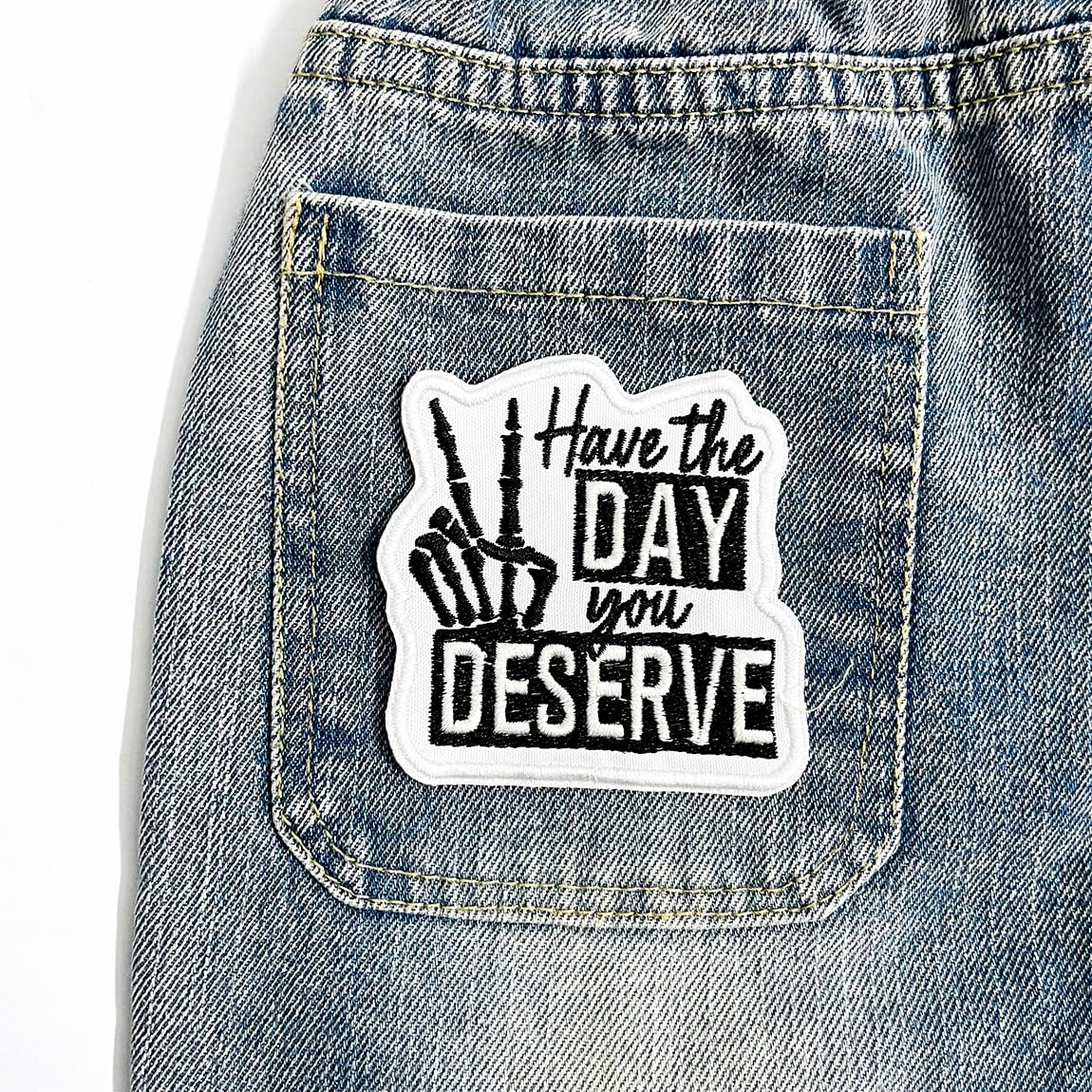(3Pcs) Have The Day You Deserve Iron-On Embroidered Patch, Black and White Skeleton Design, Set for Jackets, Backpacks, Hats, Vests – 3 Inch