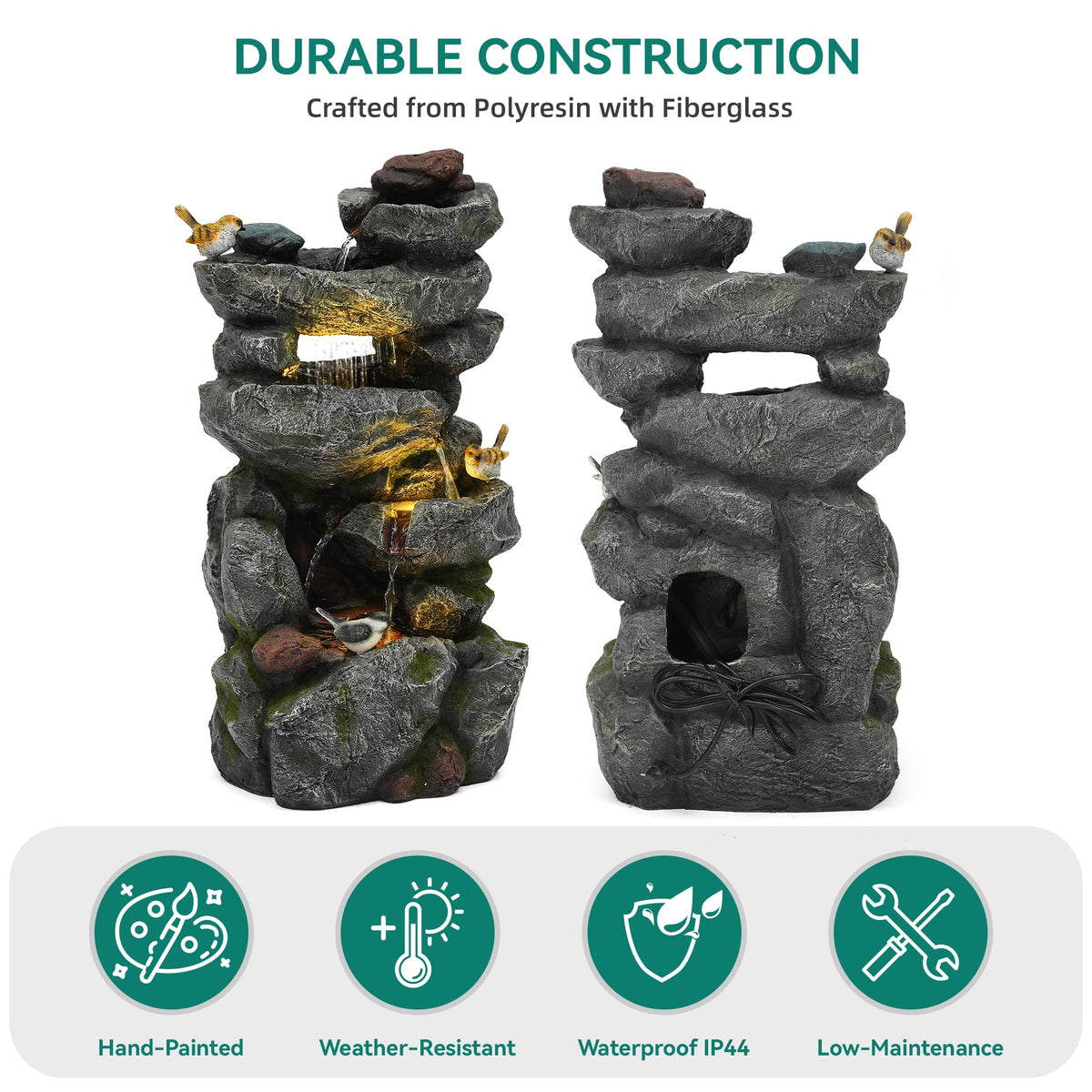 Ultym 31.5" Multi-Tier Rock Outdoor Water Fountain with LED Lights, Cascading Waterfall with Birds for Garden Patio Porch, Weather-Resistant Resin Water Feature for Tranquil Oasis