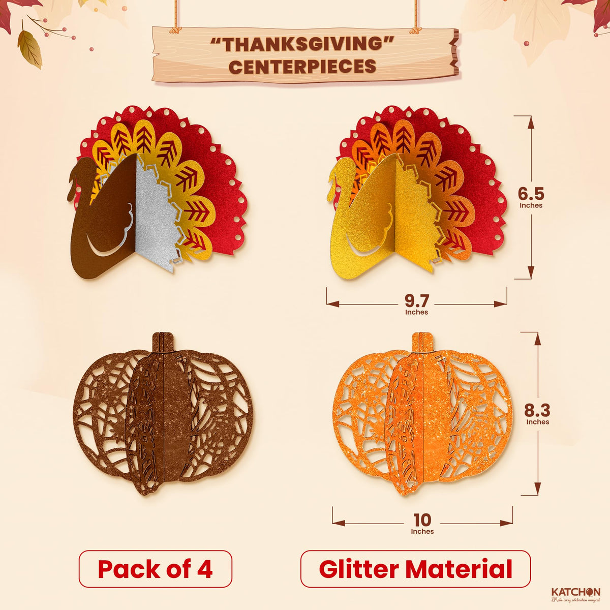 KatchOn, Thanksgiving Centerpieces for Tables – Pack of 4 | Pumpkin & Turkey Centerpieces for Tables | Thanksgiving Decorations for Table | Friendsgiving Party Decorations, Harvest Decorations