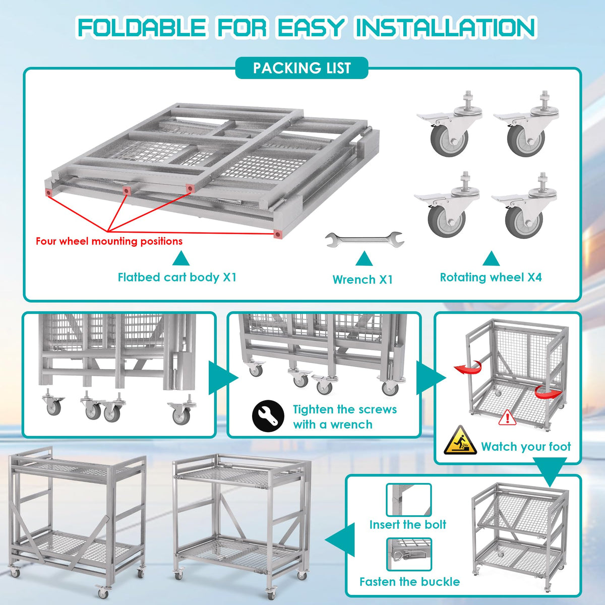 2 Shelf Rolling Cart with Wheels, 660lbs Capacity Collapsible Steel Rolling Utility Cart, Heavy-Duty Foldable Hand Truck, Metal Storage Carts with Handle for Groceries, Warehouse (36" Lx26 W)