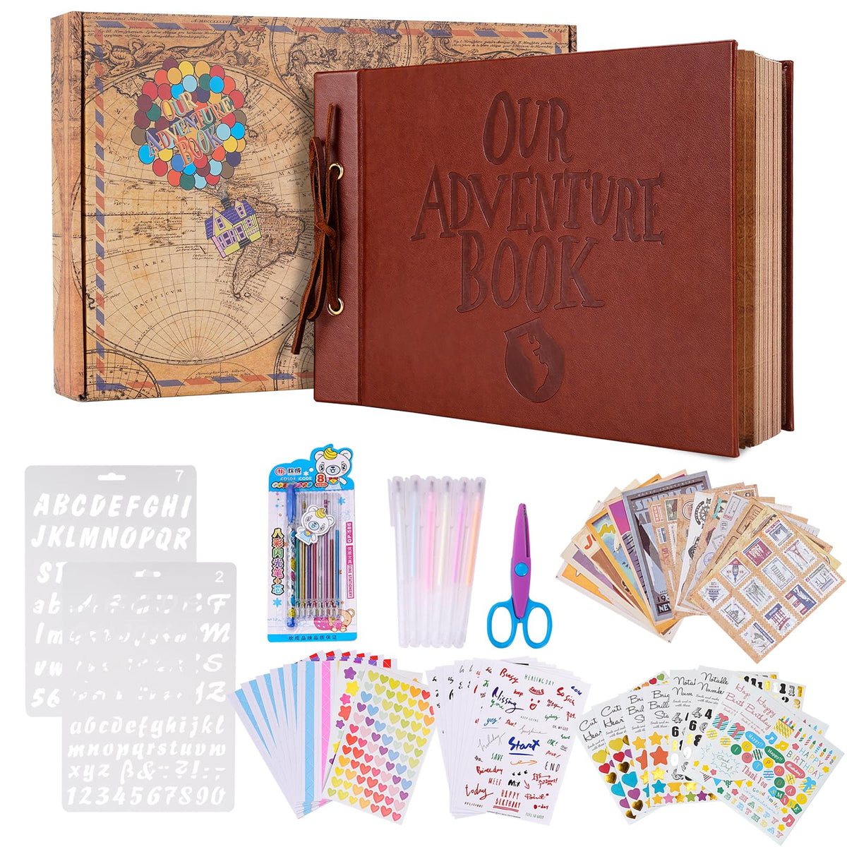 Adventure Book Scrapbook Photo Album 80 Pages Retro Leather Cover Memory Book with Luxury DIY Accessories Kit,Exquisite Box Gift Couples Weddings,Travelling,Christmas Day