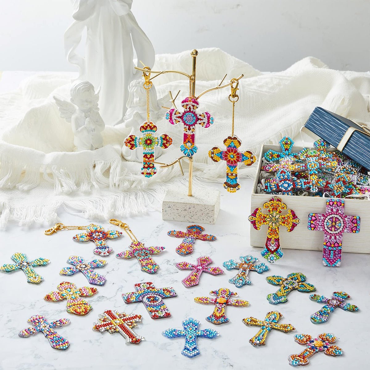 Sureio 36 Pcs Cross Diamond Painting Keychains 5d Double Sided Cross Shaped Diamond Art Keychains for DIY Adults Crafts Home Decor Gift Party Favors