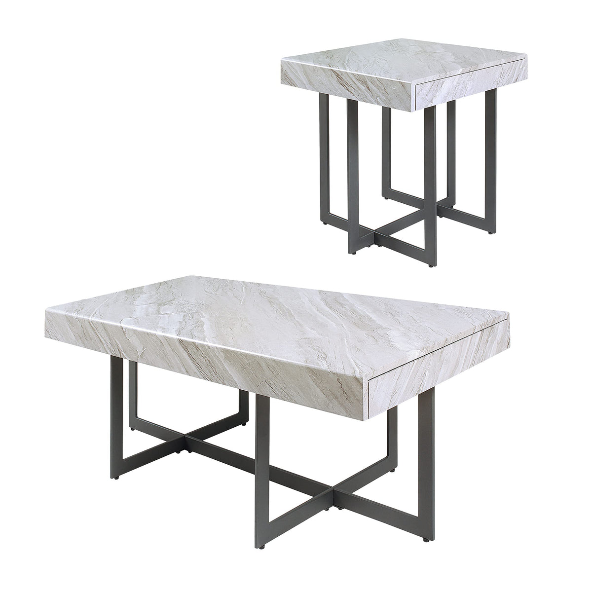 Furniture of America Willy Modern Storage Faux Marble Top 2-Piece Coffee and End Table Set for Living Room, Gray