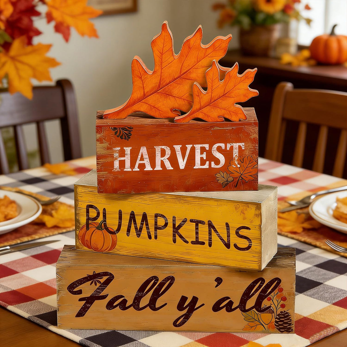 4 Pcs Fall Thanksgiving Tiered Tray Decor Wooden Harvest Pumpkin Signs Fall Yall Rustic Farmhouse Table Decoration Centerpieces Harvest Wooden Blocks for Home Kitchen Living Room Indoor Tabletop Decor