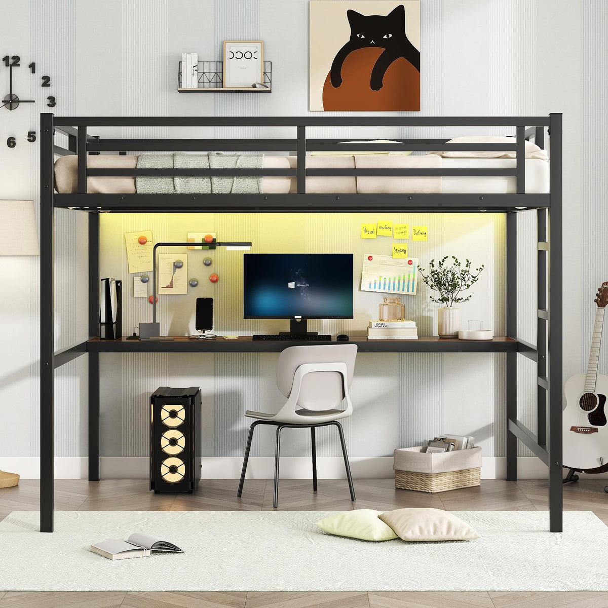 Bellemave Metal Full Size Loft Bed with Desk and Charging Station,Heavy Duty Loft Bed Frame with LED Lights and USB for Kids,Teens,Adults,Full Size,Black