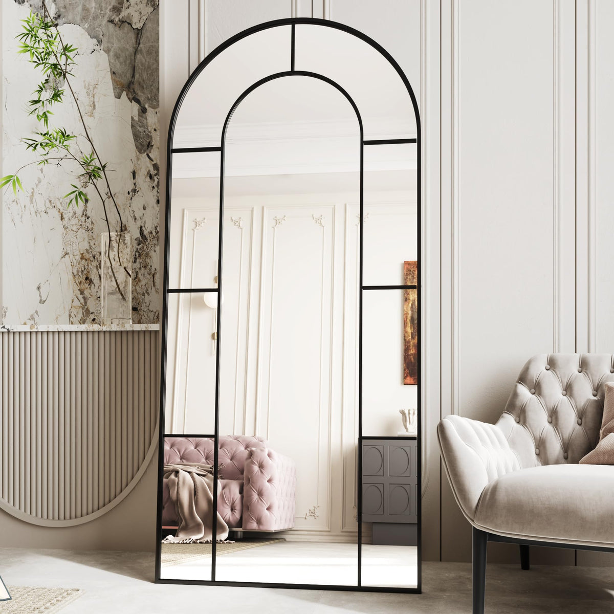 AUYHM 32"x71" Floor Mirror,Standing Mirror Full Length,Large Arched Mirrors,Window Pannel Mirrors(Black)