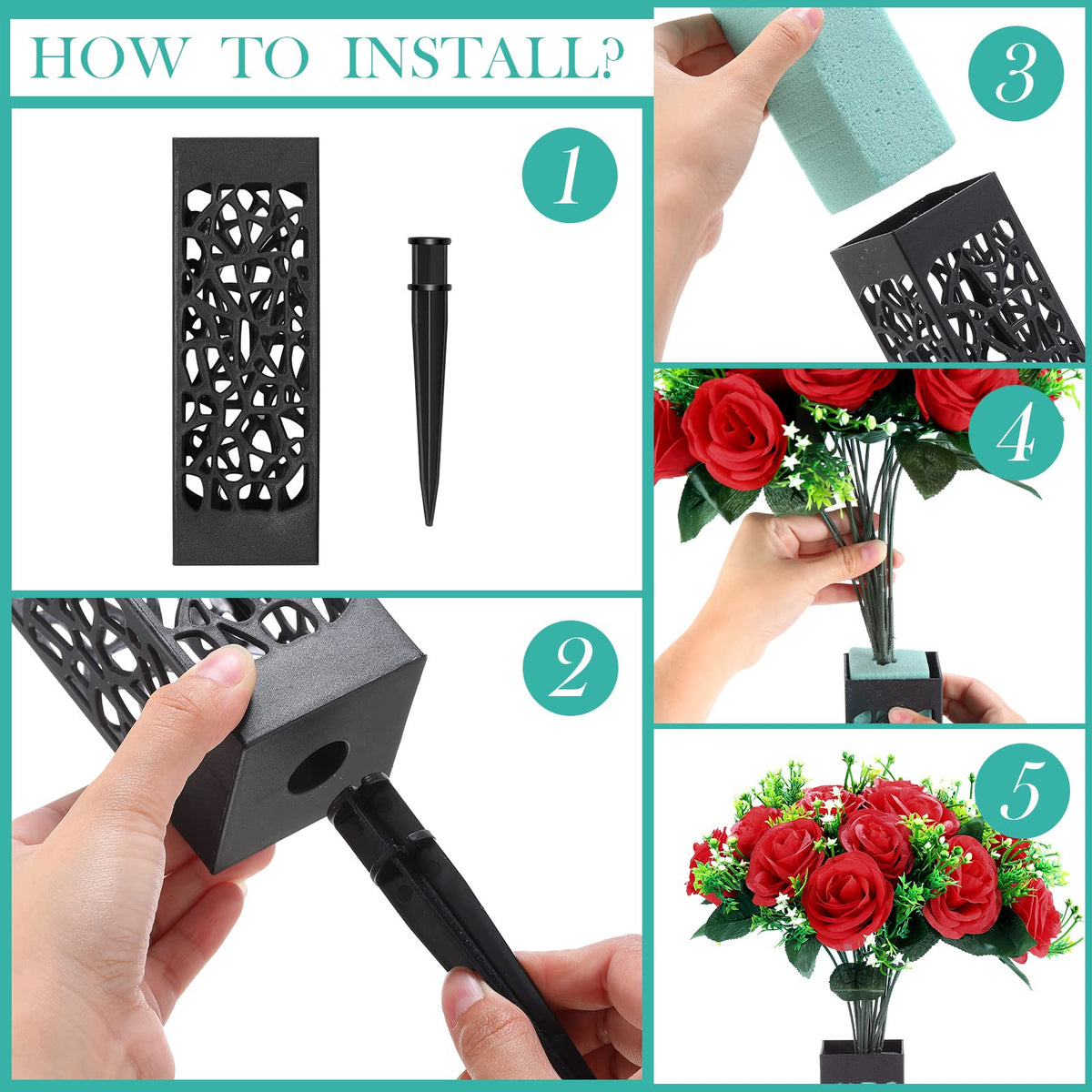 Yahenda 2 Sets Artificial Cemetery Flowers 36 Heads Rose with 2 Grave Markers Flower Holder Vase with Drainage Hole Long Spikes and 2 Floral Foam Blocks for Outdoor Memorials (Red)