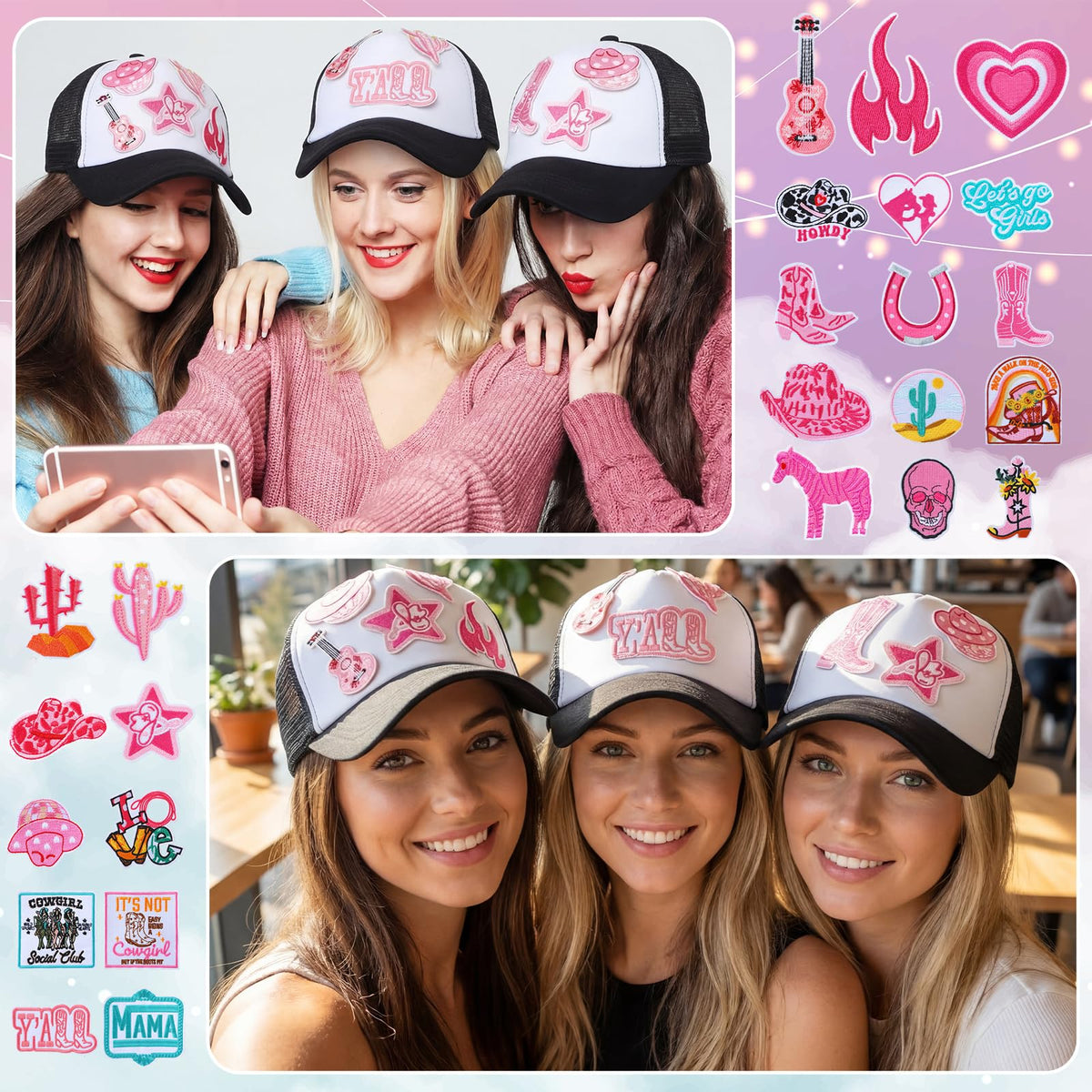 Hercicy 35PCS Western Cowgirl Trucker Hats DIY Kits, Sublimation Blank Baseball Caps Trucker Hat with Western Iron On Patches Pink Cowgirl Embroidered Patches for Bridal Shower Birthday Party
