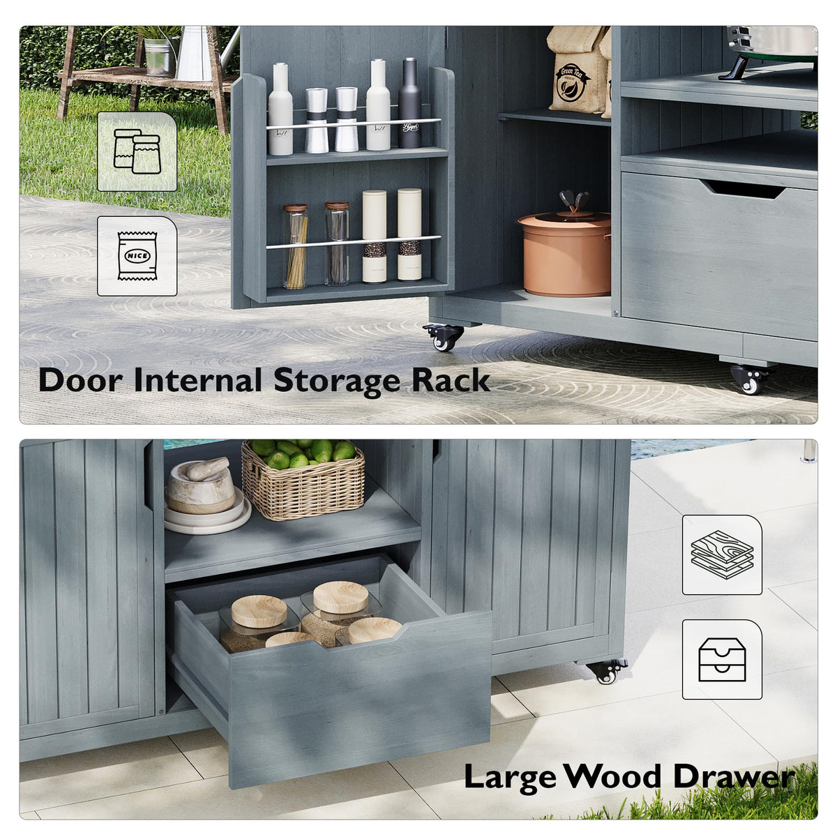 Trygoal 66.5" Outdoor Kitchen Island for Big Green Egg & Kamado Joe - 1380 sq in Heavy Duty Grill Cart with Stainless Steel Top - Solid Wood Rolling BBQ Prep Station with 6 Wheels & Storage, Grey Blue