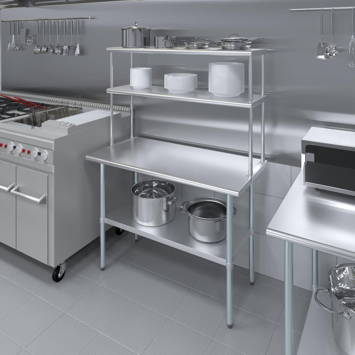 AmGood Stainless Steel Double Deck Overshelf – 14 in. x 48 in. – Heavy Duty, NSF Certified, Commercial-Grade, Adjustable Tiered Shelf for Kitchen Prep Tables and Workbenches