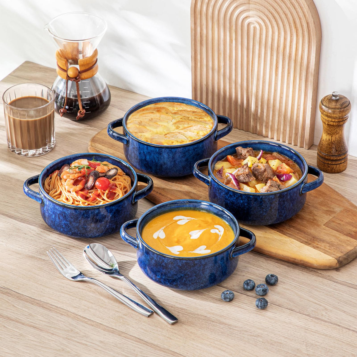 vancasso Starry Soup Bowls with Handles, 30 Oz French Onion Soup Bowls, Oven safe soup bowls for Cereal, Pasta, Chilli, Stew, Large Soup Crocks Set of 4, Blue