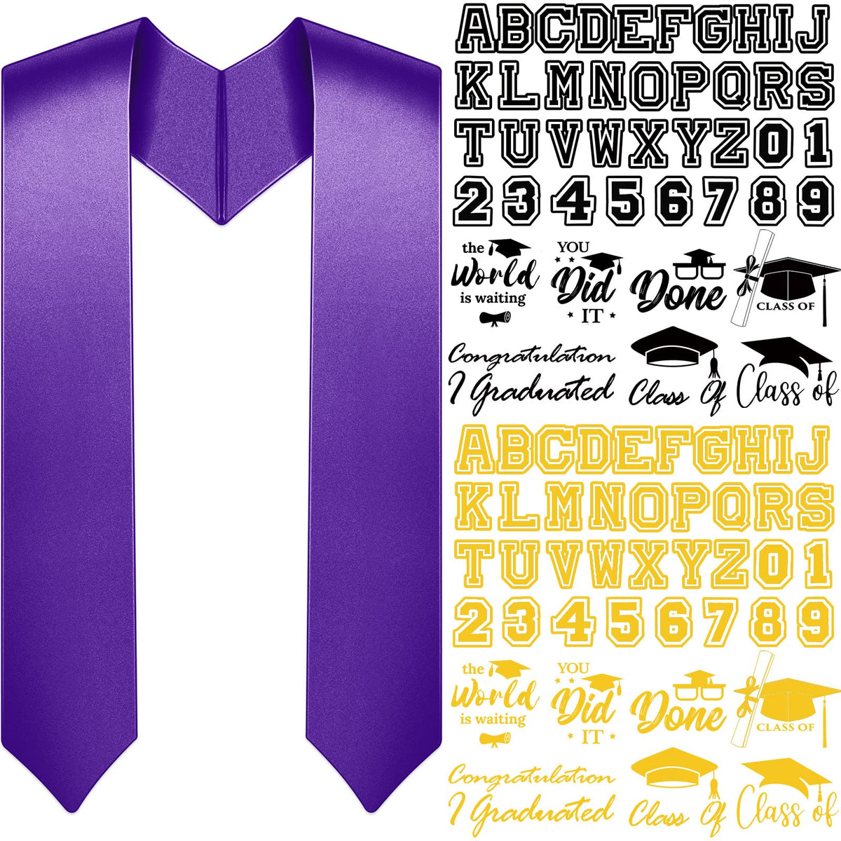 Spakon Unisex Adult Plain Graduation Stole with a to Z Letter 0 to 9 Number Graduation Pattern Badge Decorate Repair Patches(Purple)
