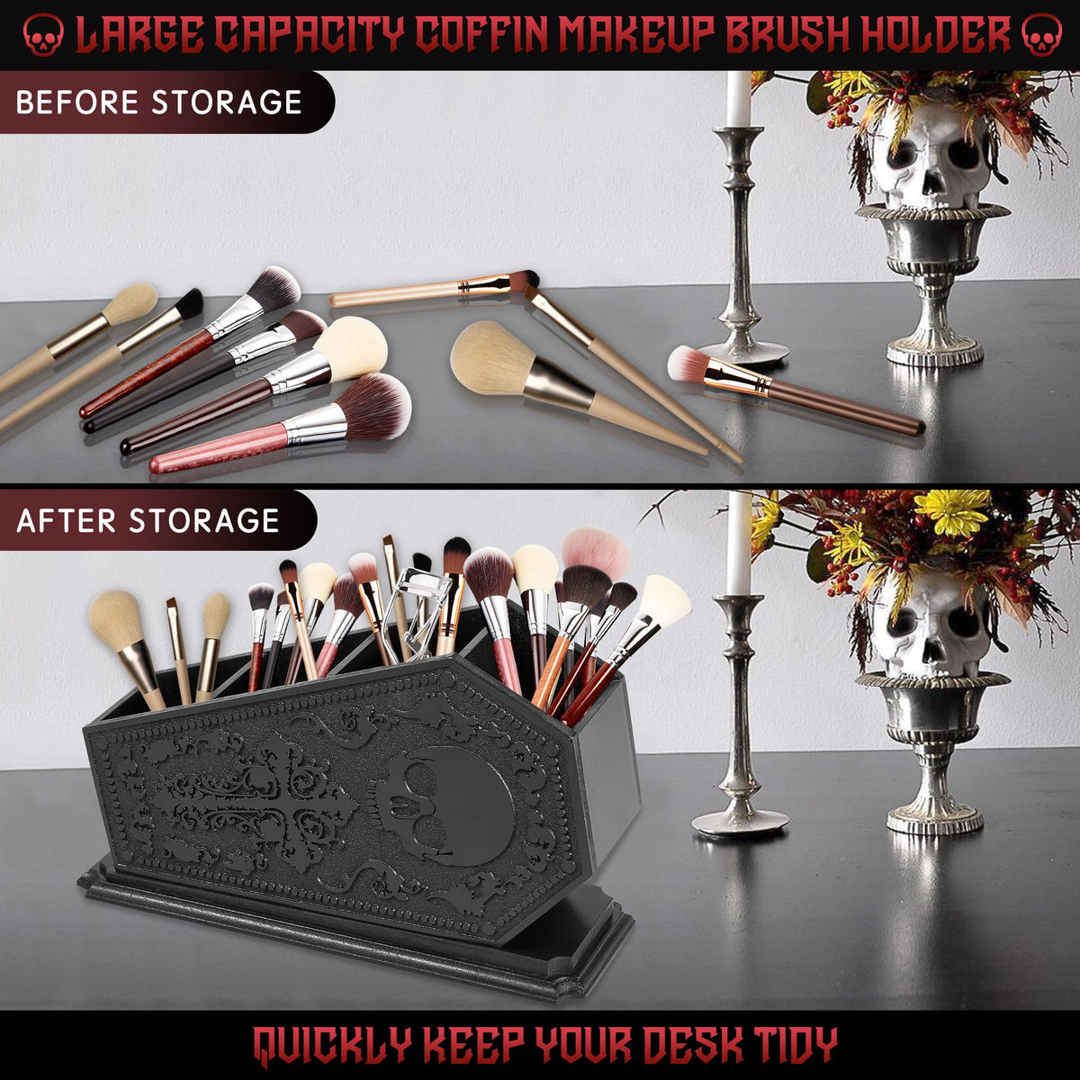 Gothic Coffin Decor Makeup Brush Holder,Spooky Witchy Gifts for Women,Skull Cosmetic Display Cases,Goth Decor Pen Holder, Vanity, Desk, Office Organizer for Christmas Bedroom Bathroom (Black)