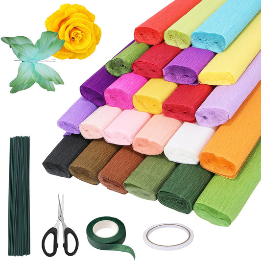 24 Colors, Crepe Paper, Crepe Paper Roll, Papel Crepe, 10 X 98 in, Includes Wreath, Scissors, Double Sided Tape & 100pcs Green Floral Wire, Floral Supplies for Flower Making, Wedding Birthday Decor