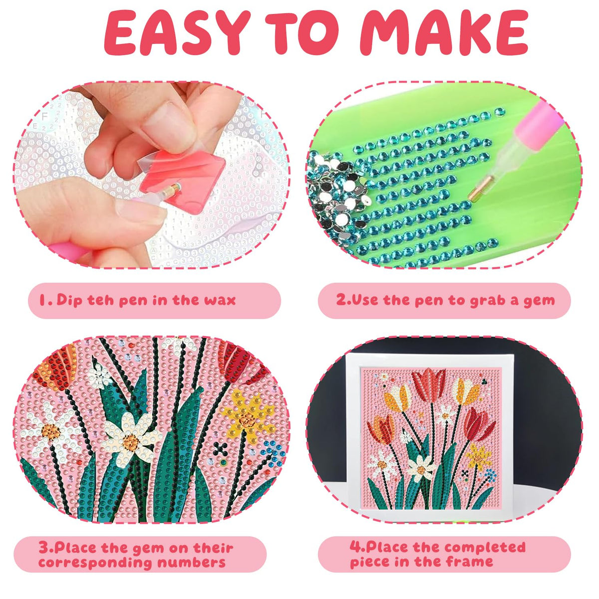 Pxzcrypha Flowers Diamond Art Kits for Kids with Frame,Flowers Diamond Art Painting for Kids, Gem Art Kits for Kids 8-12 for Gift Home Wall Decor (7x7inch)