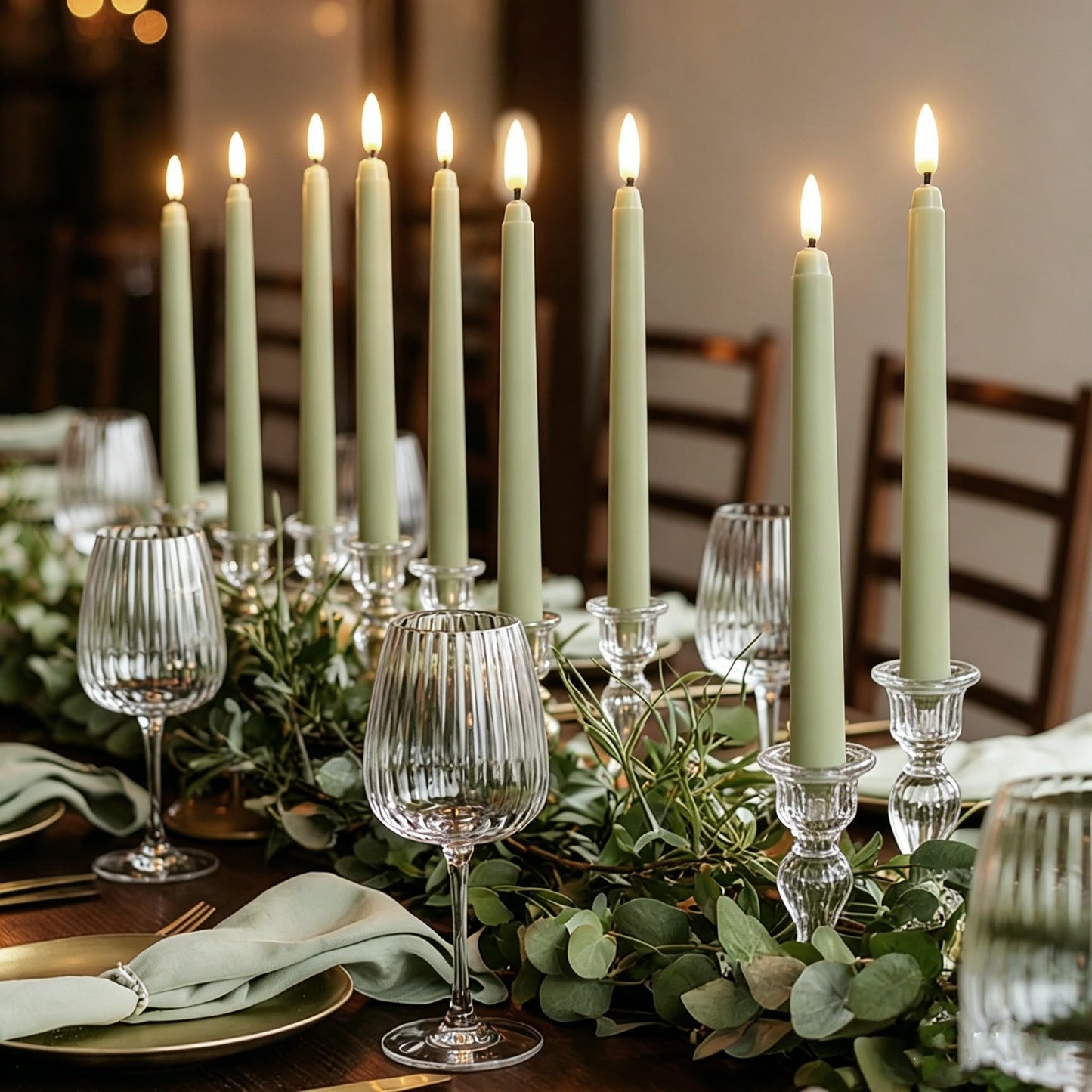 Ni-JASW Sage Green Flameless Taper Candles with Remote, Flickering Battery Operated LED Candlesticks Home Decor Set of 4