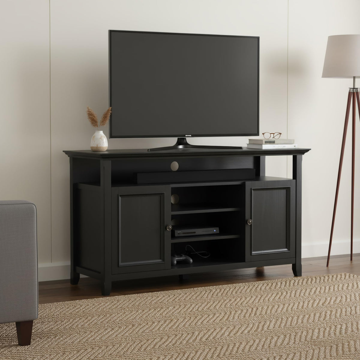 SIMPLIHOME Amherst TV Stand - 54 inch Wide Solid Wood Media Console in Deep Black, Transitional Entertainment Center for Living Room for TVs up to 60 Inches with Shelves and Cable Management