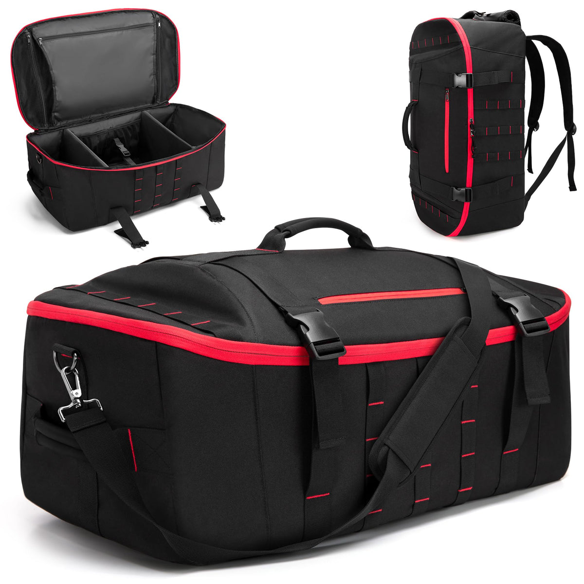 Smasrob 65L Tactical Duffle Bag Gym Bag with Backpack Straps, Wet Pocket and Detachable Dividers, Duffle Backpack for Travel, Sports and Military, Black