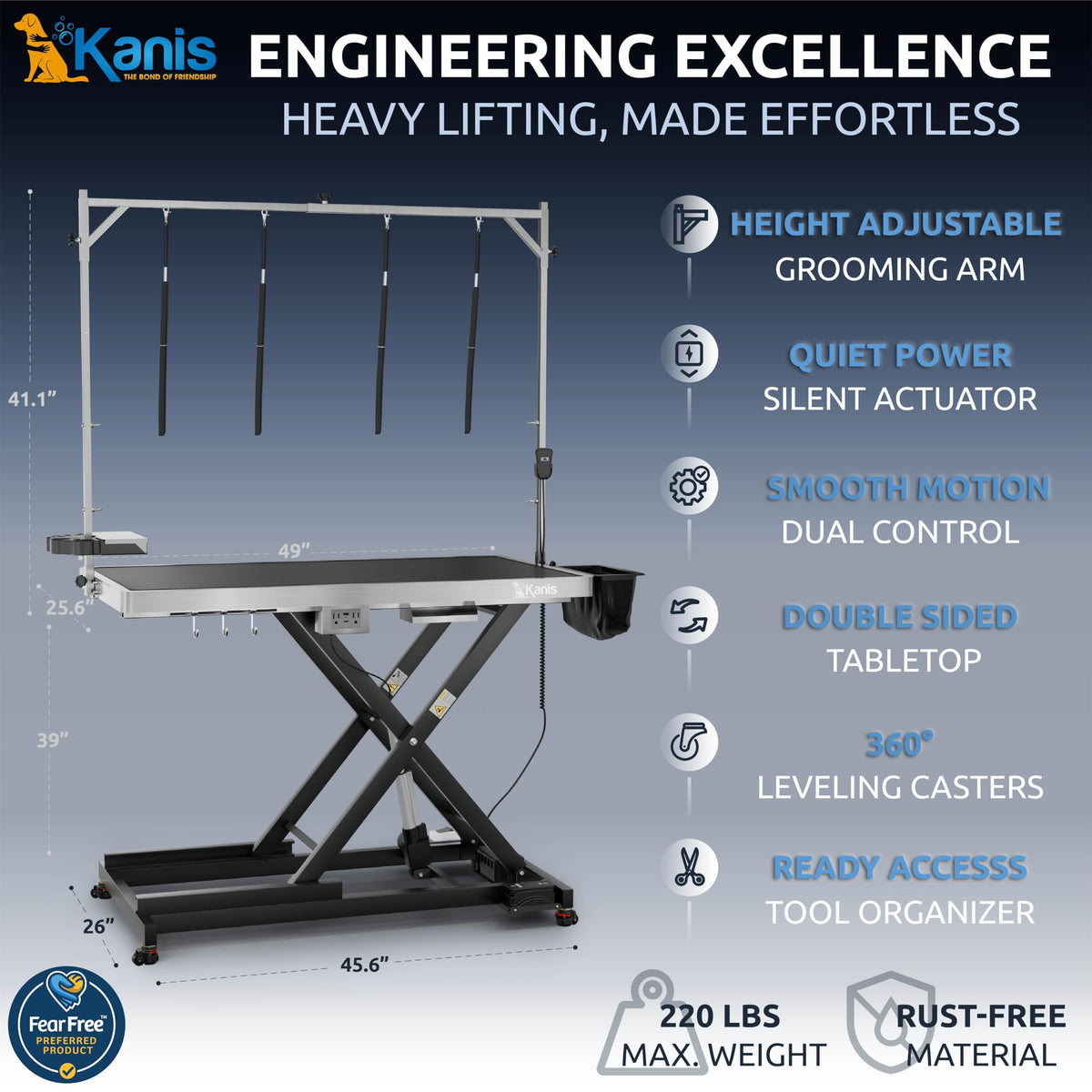 KANIS Professional Electric Dog Grooming Table - Heavy Duty, Height Adjustable Pet Grooming Table w/Leveling Wheels, Grooming Arm, Anti-Slip Tabletop & Tool Organizer/Dog Grooming Station (Black, 49")