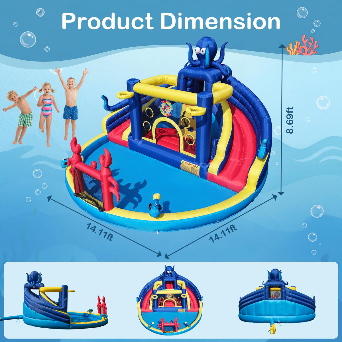 TOAOB Inflatable Water Slide for Kids 3-12: Blow Up Backyard Water Park with 550W Blower- 8 in 1 Octopus-Themed with 2 Slides for Outdoor Birthday Party