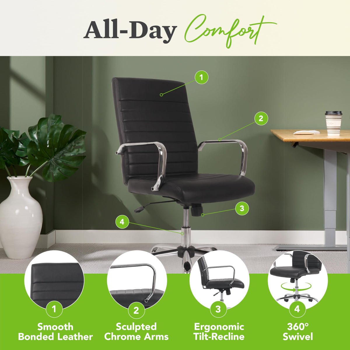 HON Sadie Executive Ergonomic Office Chair with Leather Upholstery, Chrome Arms and Back Support, Mid Back Desk and Computer Chair for Home Office or Conference Room, 360 Swivel, Black