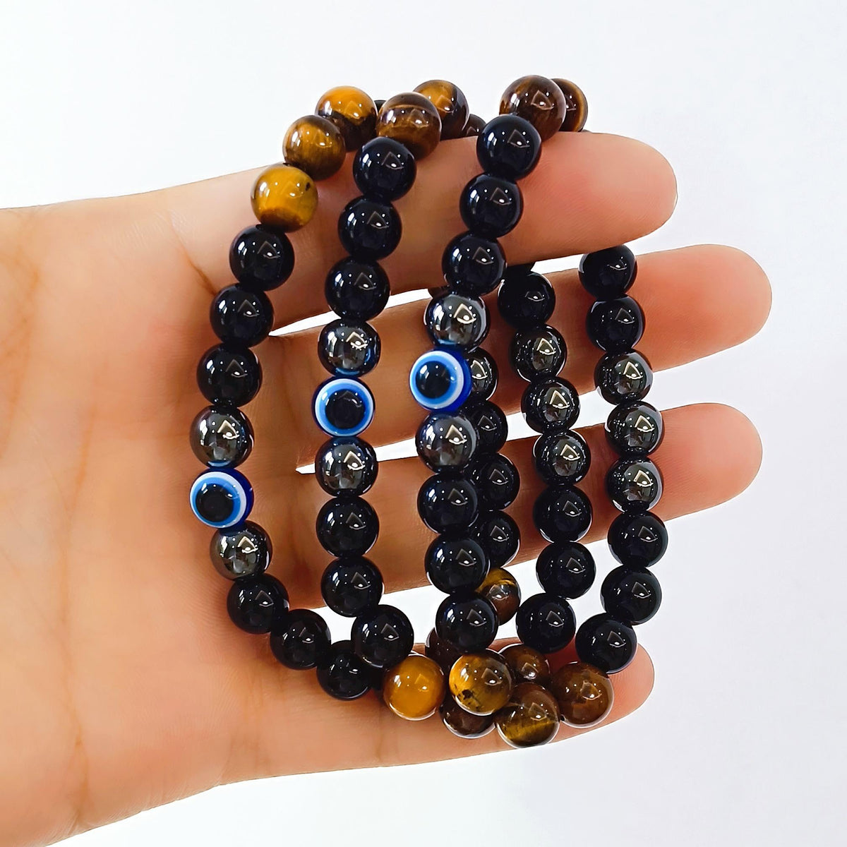 WEFRIN Evil Eye with Hematite Black Obsidian Tiger Eye Stone Triple Protection Bracelets for Men Women, Crystal Stone Bracelet Bring Luck Prosperity and Happiness Jewelry