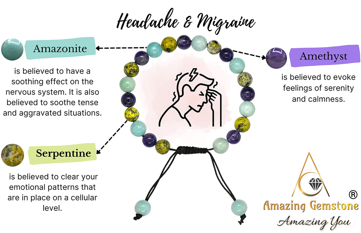 Amazing Gemstone Bracelet for Headaches and Migraines - Amazonite Serpentine Amethyst Bracelet Set for Men Women Healing Calming Anxiety Stress Relief Gifts Pulseras Para Hombres Mujer (Adjustable)