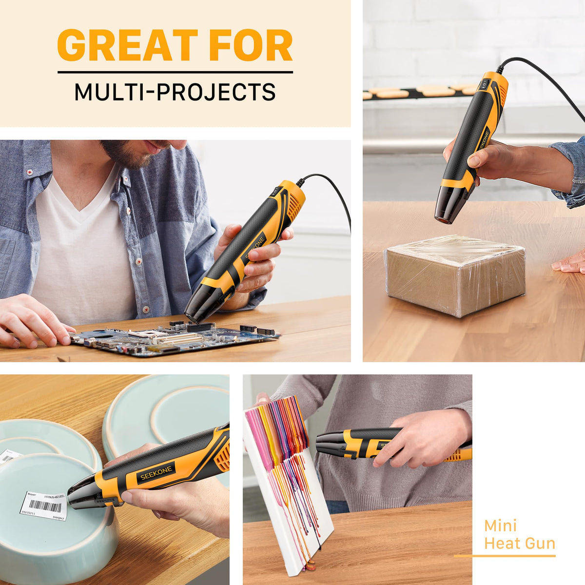 SEEKONE Mini Heat Gun, 350W 2-Temp Settings 500℉ & 842℉（260℃& 450℃） Fast Heat Hot Air Gun Tool with Reflector Nozzle and 4.9Ft Long Cable Overload Protection for Crafting, Vinyl Wrap and Shrink Tubing