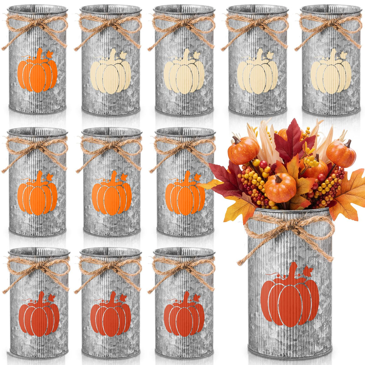 Domensi 12 Pcs Fall Table Centerpiece Pumpkin Vases Thanksgiving Decor Galvanized Metal Vases for Flowers Farmhouse Mason Jars Utensil Holder for Fall Home Thanksgiving Autumn Harvest Decorations